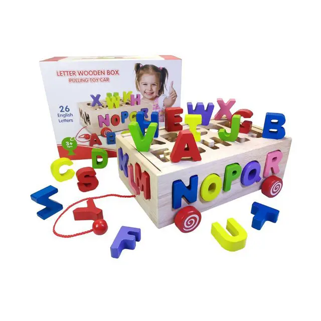 Montessori Wooden Alphabet Puzzle Box – 26 Colorful 3D Letters with Pull Toy Cart – Educational Learning Toy for Toddlers & Preschoolers (Ages 3+)