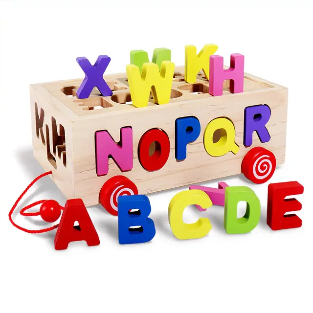 Montessori Wooden Alphabet Puzzle Box – 26 Colorful 3D Letters with Pull Toy Cart – Educational Learning Toy for Toddlers & Preschoolers (Ages 3+)