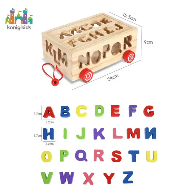 Montessori Wooden Alphabet Puzzle Box – 26 Colorful 3D Letters with Pull Toy Cart – Educational Learning Toy for Toddlers & Preschoolers (Ages 3+)