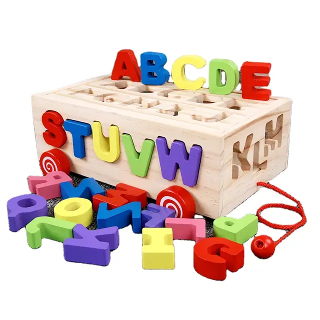 Montessori Wooden Alphabet Puzzle Box – 26 Colorful 3D Letters with Pull Toy Cart – Educational Learning Toy for Toddlers & Preschoolers (Ages 3+)
