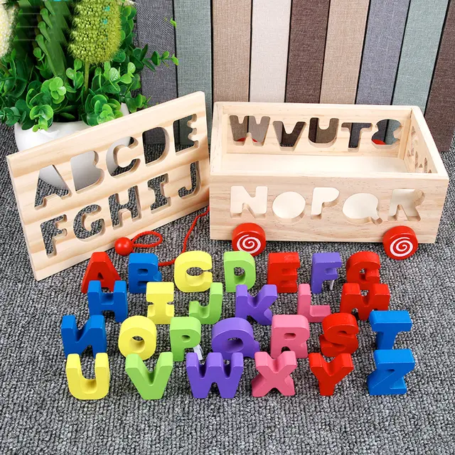 Montessori Wooden Alphabet Puzzle Box – 26 Colorful 3D Letters with Pull Toy Cart – Educational Learning Toy for Toddlers & Preschoolers (Ages 3+)