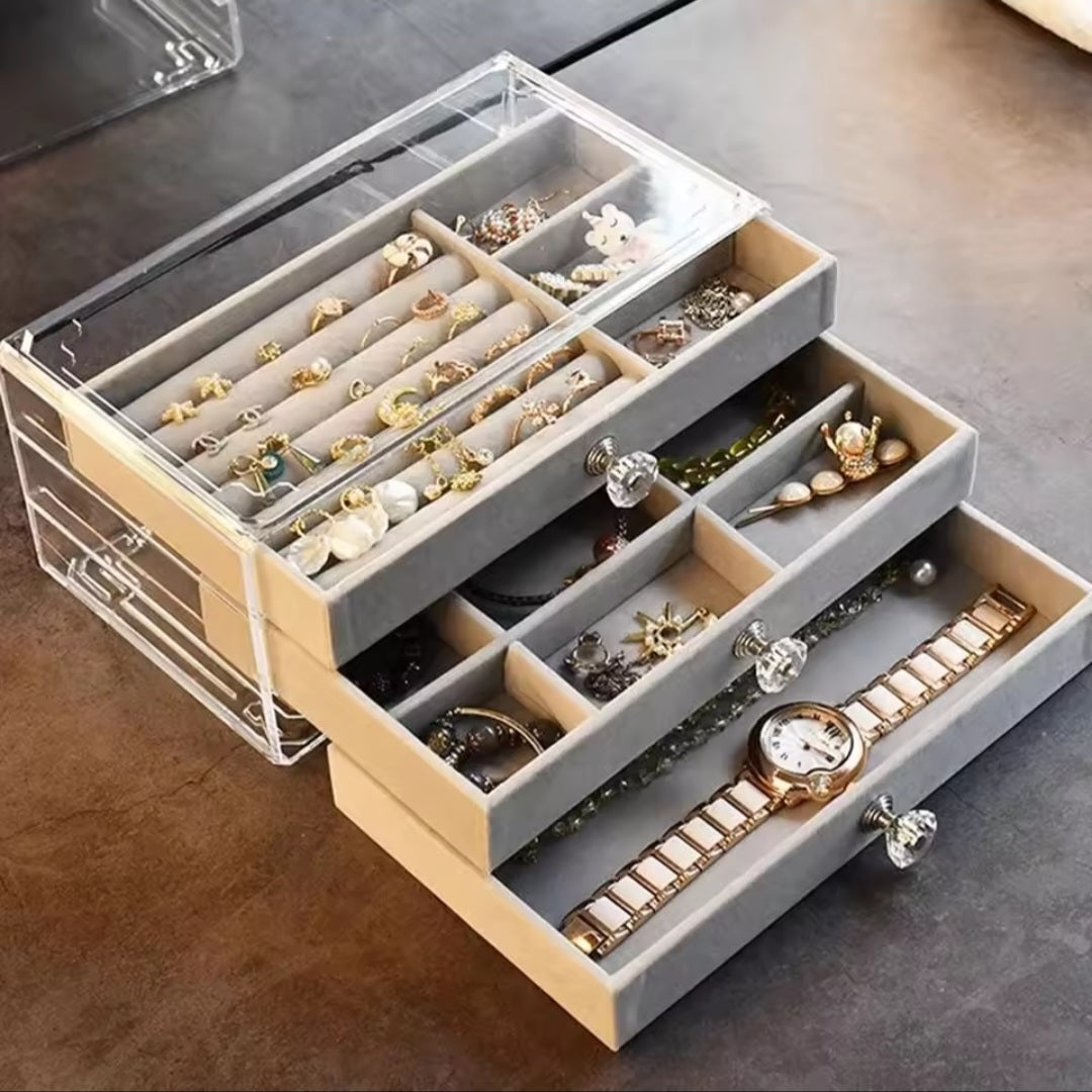 Compact 3 layers jewelry storage box with multiple sections