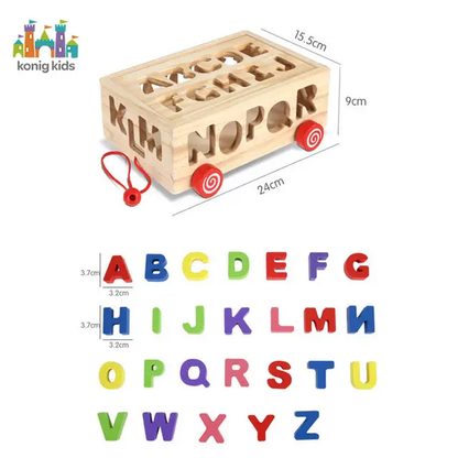 Montessori Wooden Alphabet Puzzle Box – 26 Colorful 3D Letters with Pull Toy Cart – Educational Learning Toy for Toddlers & Preschoolers (Ages 3+)