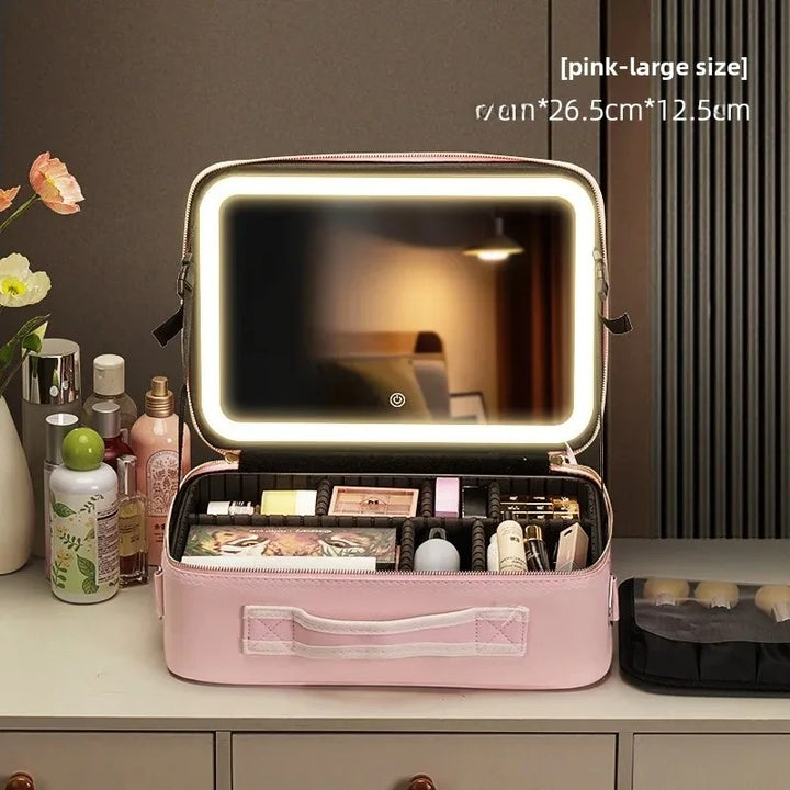 Large Capacity LED Makeup Bag with Mirror – Portable Cosmetic Organizer for Travel & Daily Use