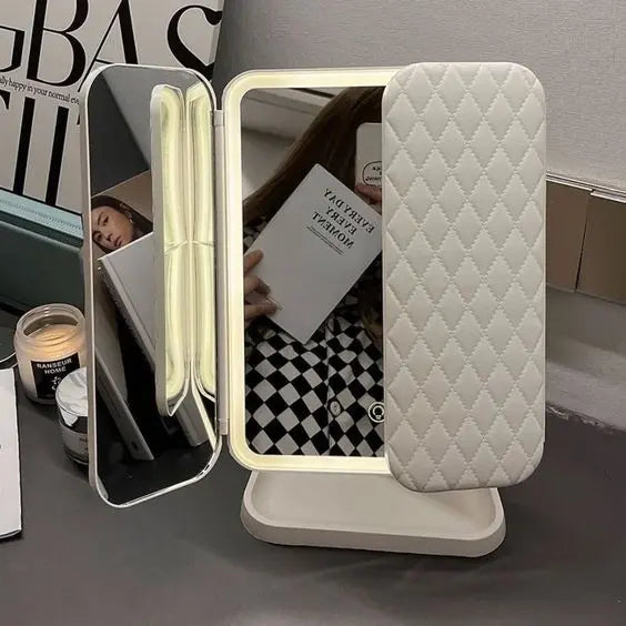 360 degree rotating LED makeup mirror with built-in storage organizer
