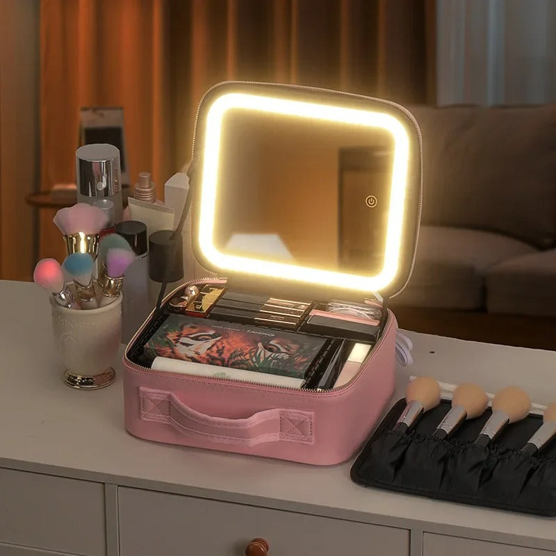 Large Capacity LED Makeup Bag with Mirror – Portable Cosmetic Organizer for Travel & Daily Use
