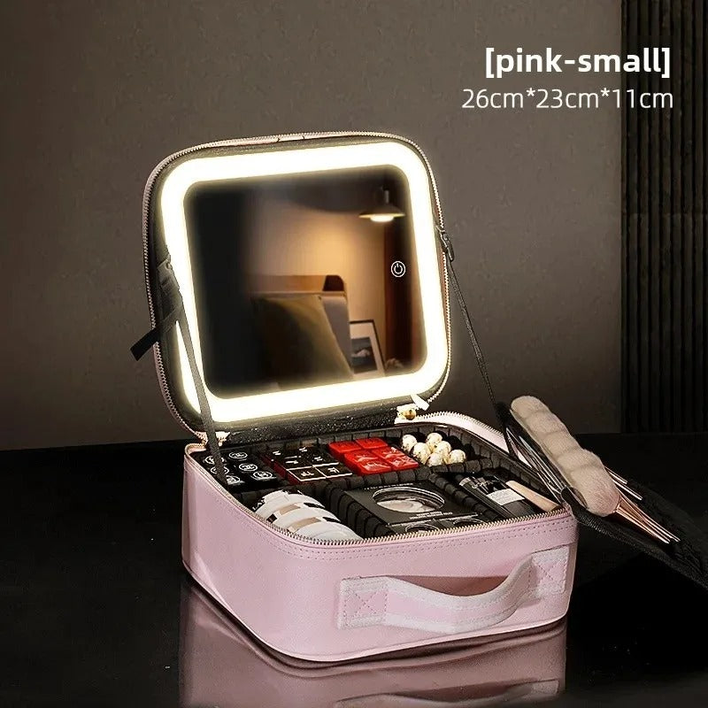 Large Capacity LED Makeup Bag with Mirror – Portable Cosmetic Organizer for Travel & Daily Use