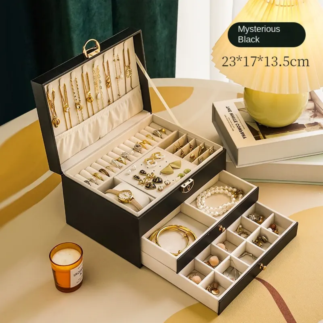 Jewelry storage box with mirror and compartments