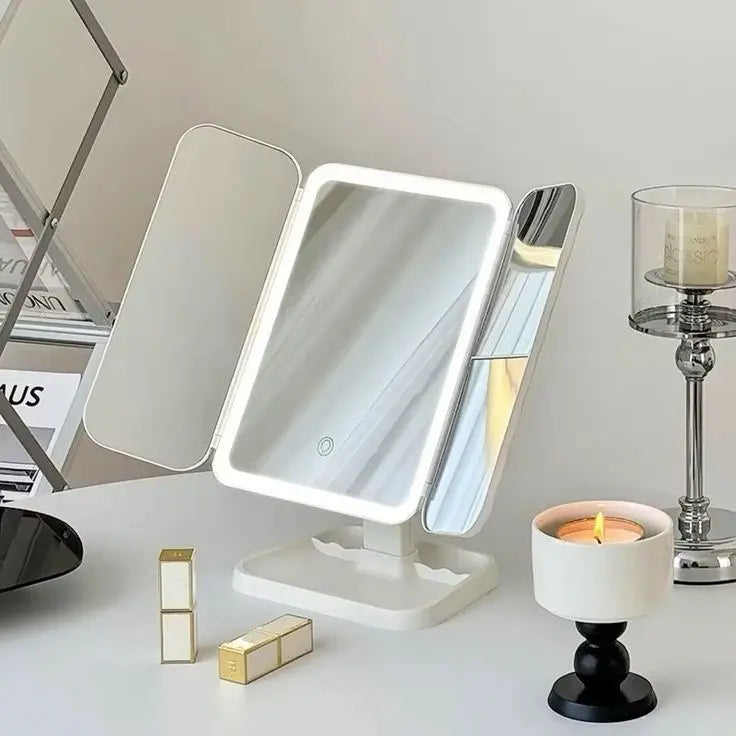 LED makeup mirror showing side angle and rotating design