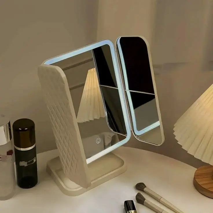 LED makeup mirror with storage space used on dressing table for daily makeup