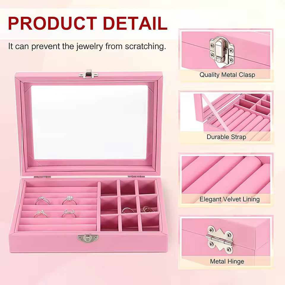Single layer jewelry box organizer for rings, earrings and necklaces
